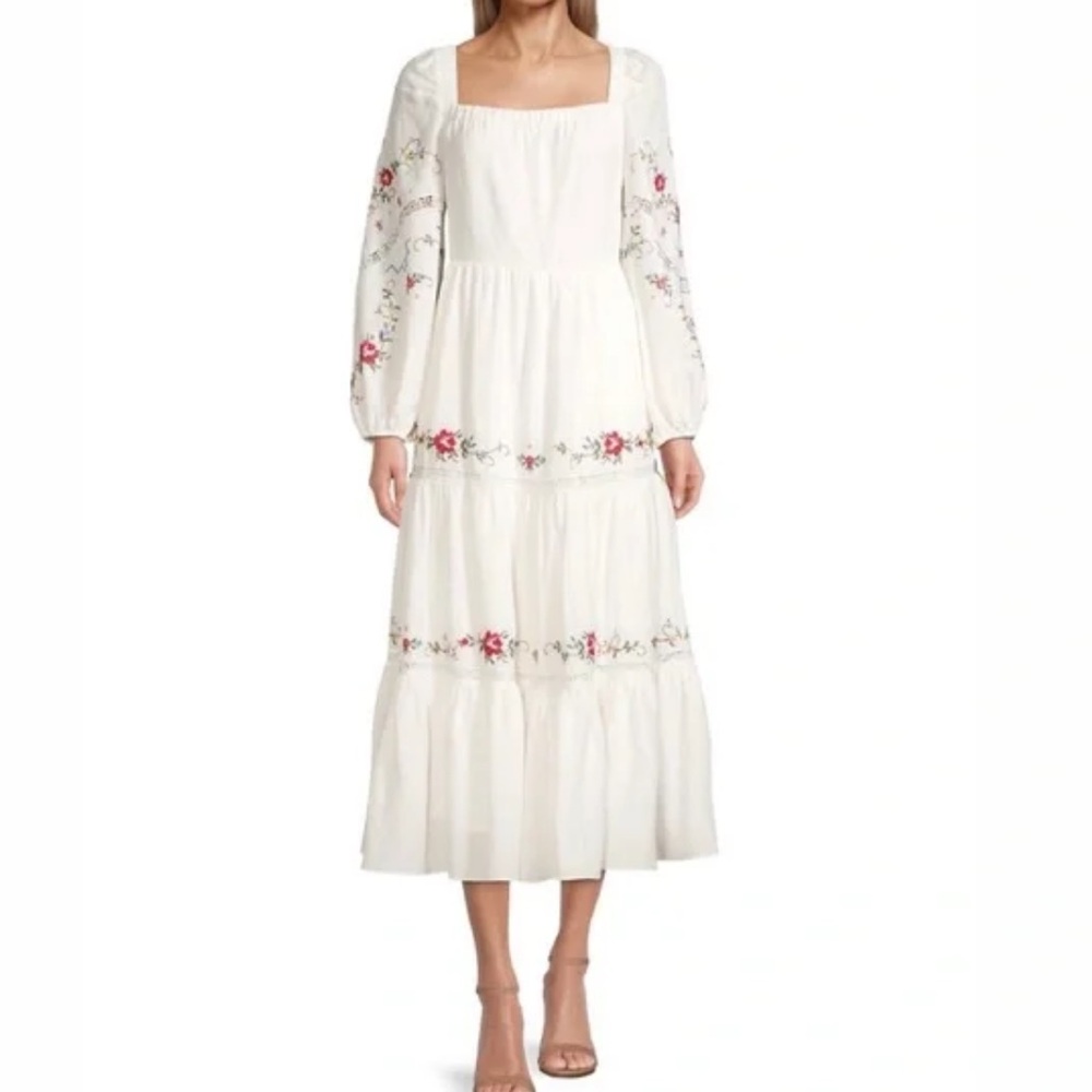 Kobi Halperin Emmy Embroidered Midi Dress Size XL White Floral Embroidery Boho